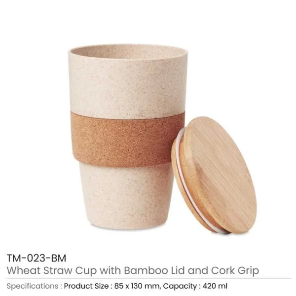 BYFT Wheat Straw Cups with Bamboo Lid and Cork Grip