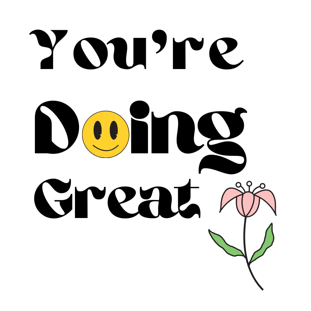 BYFT Retro "You're Doing Great" Tote Bag – Groovy Smiley Face & Floral Printed Reusable Tote | Eco-Friendly Daily Carry Bag (Set of 1)
