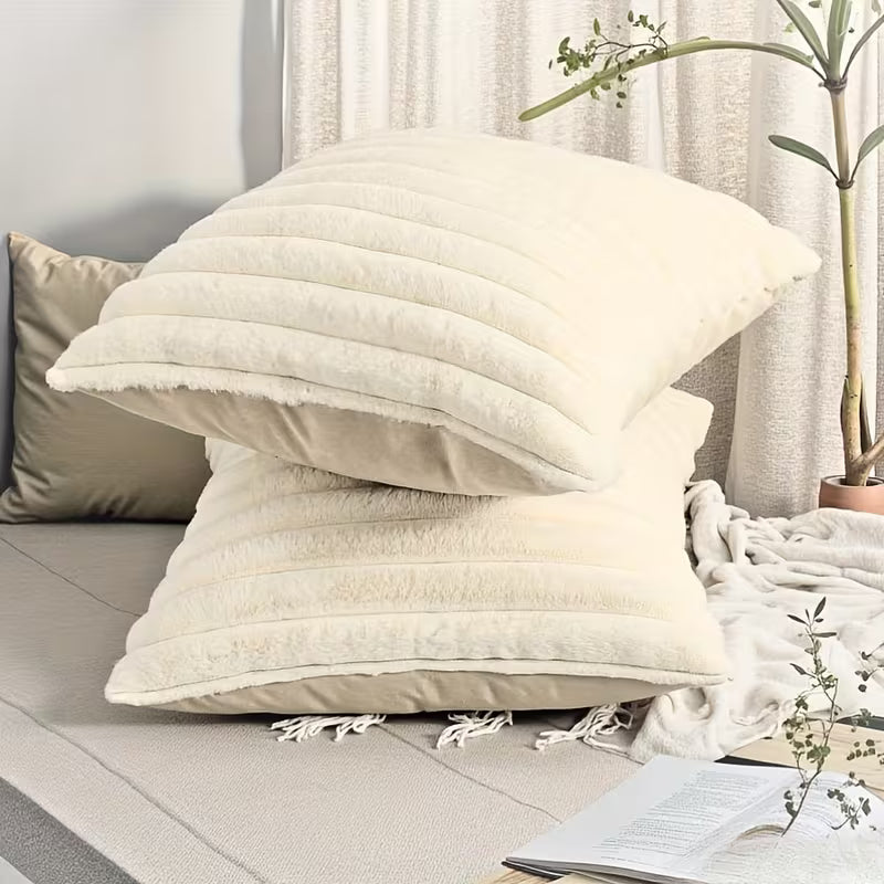 BYFT White Faux Rabbit Fur Bohemian Striped & Solid Square Cushion Covers 45.72 x 45.72 cm (white 2Pcs)