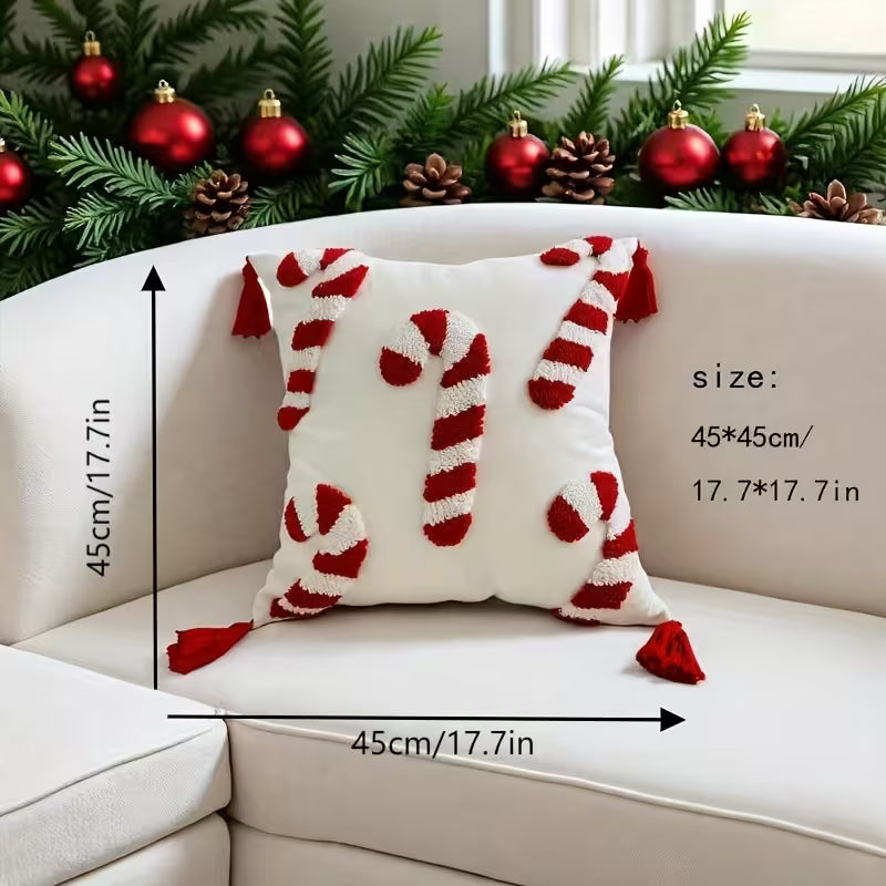 BYFT Handmade Cushion Cover, Christmas Candy Cane Design, Zipper Closure, Modern Style,, Canvas Decorative Cushion Cover, Suitable for Living Room, Bedroom, Study, Car - Filling Not Included, Sofa Cushion 45x45cm, Bedroom Accent