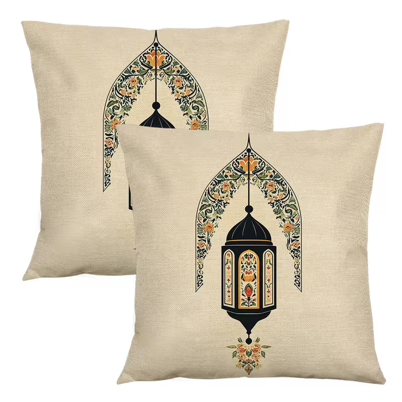 BYFT Eid-Themed Pillow Covers with Beige Background, Featuring Exquisite Ramadan Lantern and Floral Patterns,(Pillow Inserts Not Included) Set of 02 Pcs