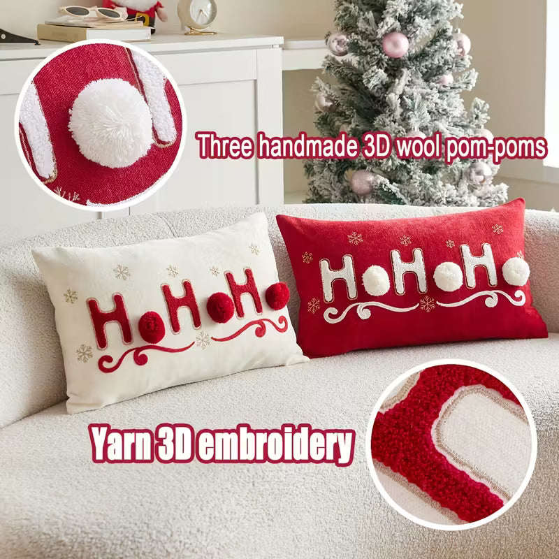 BYFT "HOHOHO" Christmas Pillowcase 50 x 30 cm, Decorative Pillow Cover with 3 Hand-Sewn Pom-Poms, Christmas Warm Home Sofa Decor Throw Pillow Cover, Ideal Holiday Gift, Insert Not Included