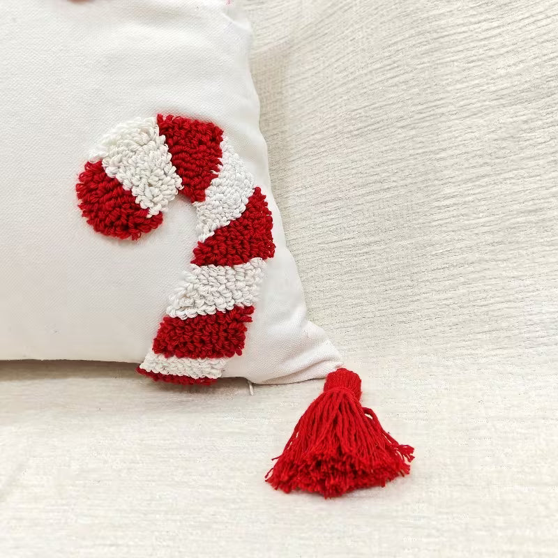 BYFT Handmade Cushion Cover, Christmas Candy Cane Design, Zipper Closure, Modern Style,, Canvas Decorative Cushion Cover, Suitable for Living Room, Bedroom, Study, Car - Filling Not Included, Sofa Cushion 45x45cm, Bedroom Accent