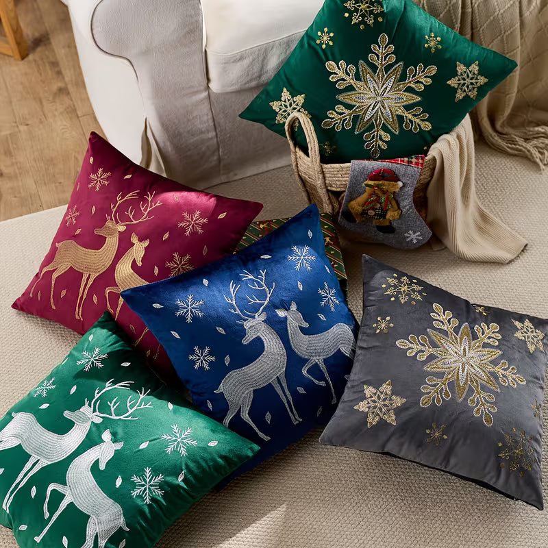 BYFT Christmas Soft Velvet Throw Pillow Covers, Set of 2pcs Deer Snowflake Embroidery Decorative Throw Pillow Case Luxurious Sofa Cushion Cover for Home Christmas Decoration 18"x18"(45x45cm)