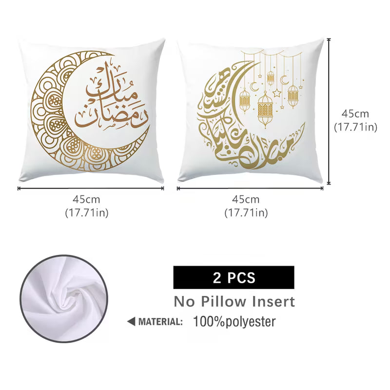 BYFT Ramadan White Golden Star Moon Lantern and Text Pattern Pillowcase, Single-Sided Printed Light Beige  45 x 45cm Set of 02 Pcs