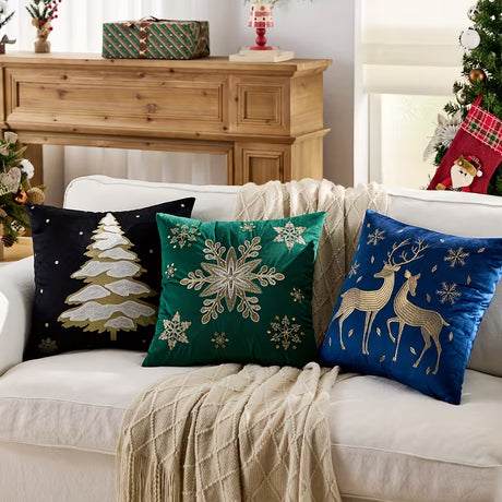 BYFT Christmas Soft Velvet Throw Pillow Covers, Set of 2pcs Deer Snowflake Embroidery Decorative Throw Pillow Case Luxurious Sofa Cushion Cover for Home Christmas Decoration 18"x18"(45x45cm)