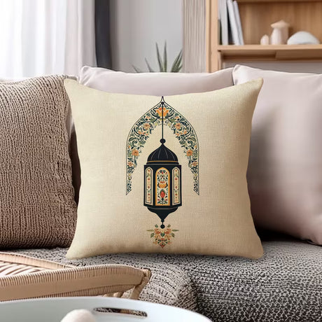 BYFT Eid-Themed Pillow Covers with Beige Background, Featuring Exquisite Ramadan Lantern and Floral Patterns,(Pillow Inserts Not Included) Set of 02 Pcs