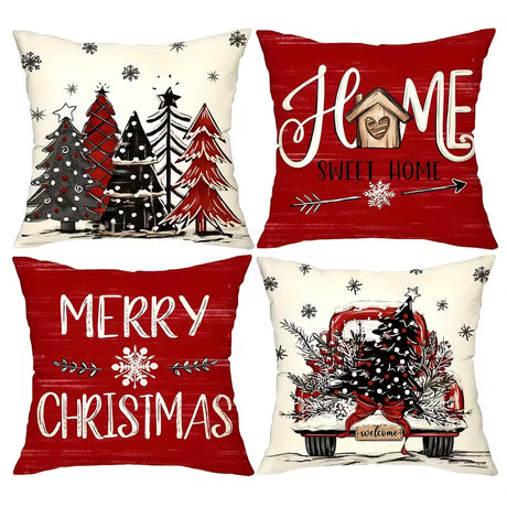 BYFT Set of 4 Vintage Christmas Throw Pillow Covers 45.72cm x 45.72cm, Farmhouse Holiday Decorative Cushion Cases with Christmas Tree and Truck, Plaid Winter Season Polyester Pillowcases for Home and Outdoor, Zippered, Hand Wash - Without Inserts