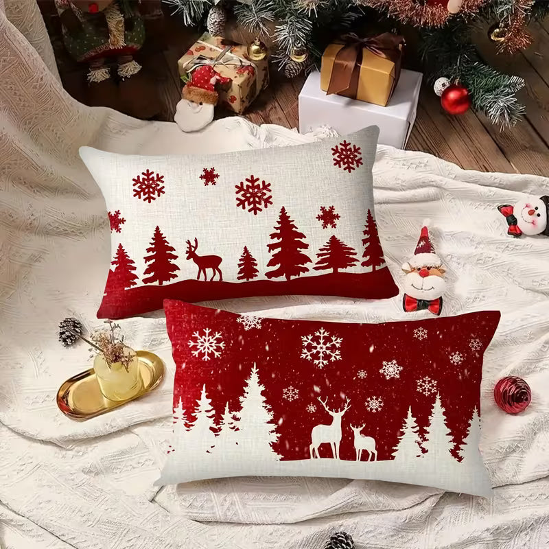 BYFT Festive Christmas Pillow Covers 2pcs - Red Snowflake, Reindeer & Snowman Design, Winter Farmhouse Home Decor, Zippered, Machine Washable, Polyester, Ideal for Holiday Living Room or Bedroom, Christmas Decorations
