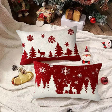BYFT Festive Christmas Pillow Covers 2pcs - Red Snowflake, Reindeer & Snowman Design, Winter Farmhouse Home Decor, Zippered, Machine Washable, Polyester, Ideal for Holiday Living Room or Bedroom, Christmas Decorations