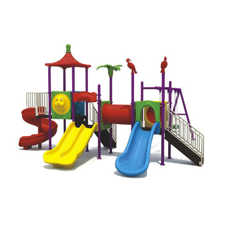 BYFT Four Slide And 3 Kids & Adult Swings With Red Roof Playground