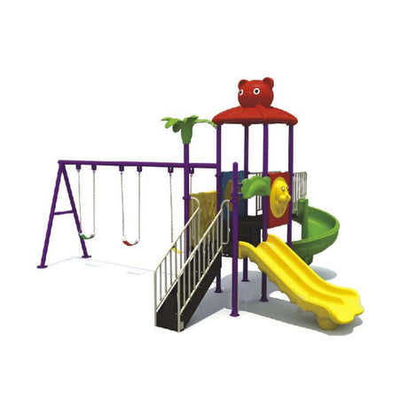 BYFT Two Slide And 3 Kids Swings Red Roof Playground