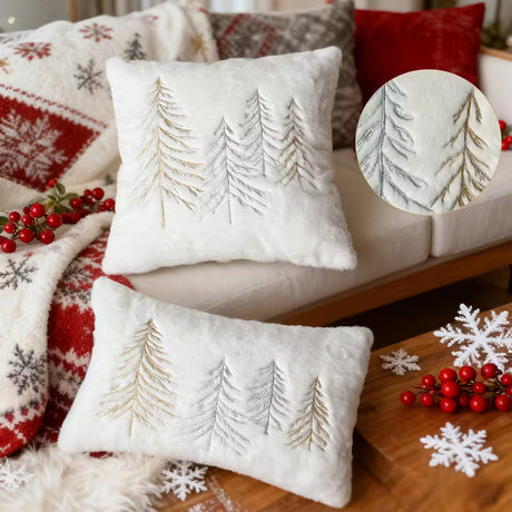 BYFT Festive Christmas Tree Pillow Cover - Luxury Golden and Silvery Embroidered Decorative Pillowcase for Couch, Living Room Indoor Xmas Decor, Christmas Decor, Holiday Decoration, Elegant Holiday Style, Traditional Design, Durable Fabric, Premium