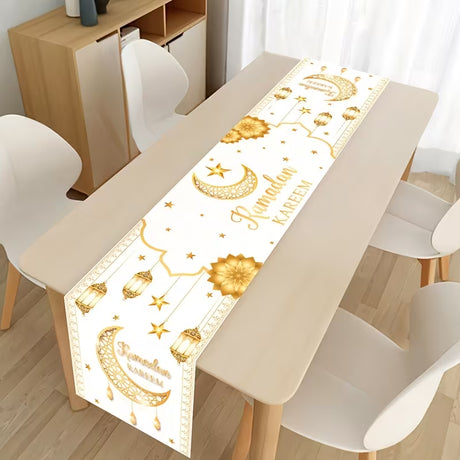 BYFT Patimate Ramadan Kareem & Eid Mubarak Table Runner - White & Golden Islamic Crescent Moon and Star Decorations Set of 01 Pcs
