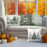 BYFT Christmas Themed Pillow Covers | 18*18 Inches  Set of 04pcs with Vintage Truck, "Merry Christmas" and "Hello Winter" Designs, Snowy Tree Patterns, Polyester, Machine Washable
