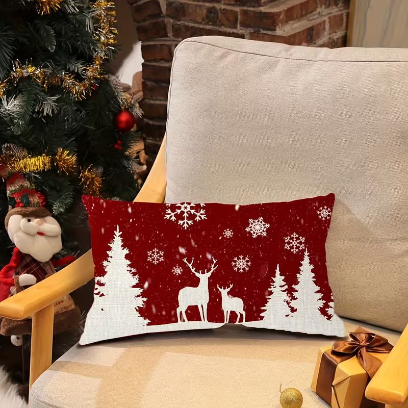 BYFT Festive Christmas Pillow Covers 2pcs - Red Snowflake, Reindeer & Snowman Design, Winter Farmhouse Home Decor, Zippered, Machine Washable, Polyester, Ideal for Holiday Living Room or Bedroom, Christmas Decorations