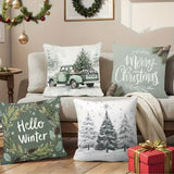 BYFT Christmas Themed Pillow Covers | 18*18 Inches  Set of 04pcs with Vintage Truck, "Merry Christmas" and "Hello Winter" Designs, Snowy Tree Patterns, Polyester, Machine Washable