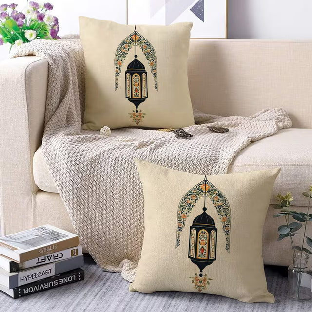 BYFT Eid-Themed Pillow Covers with Beige Background, Featuring Exquisite Ramadan Lantern and Floral Patterns,(Pillow Inserts Not Included) Set of 02 Pcs