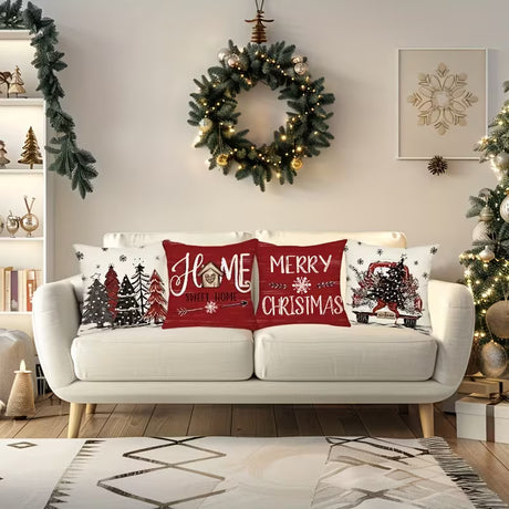 BYFT Set of 4 Vintage Christmas Throw Pillow Covers 45.72cm x 45.72cm, Farmhouse Holiday Decorative Cushion Cases with Christmas Tree and Truck, Plaid Winter Season Polyester Pillowcases for Home and Outdoor, Zippered, Hand Wash - Without Inserts