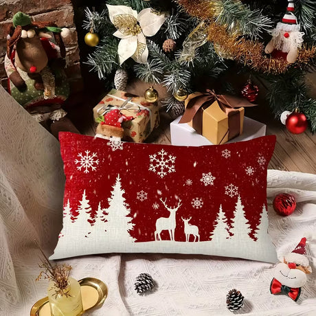 BYFT Festive Christmas Pillow Covers 2pcs - Red Snowflake, Reindeer & Snowman Design, Winter Farmhouse Home Decor, Zippered, Machine Washable, Polyester, Ideal for Holiday Living Room or Bedroom, Christmas Decorations