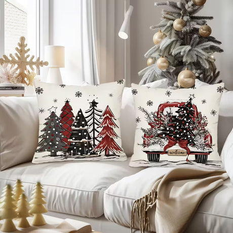 BYFT Set of 4 Vintage Christmas Throw Pillow Covers 45.72cm x 45.72cm, Farmhouse Holiday Decorative Cushion Cases with Christmas Tree and Truck, Plaid Winter Season Polyester Pillowcases for Home and Outdoor, Zippered, Hand Wash - Without Inserts