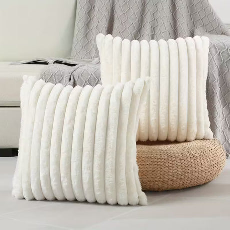 BYFT Faux Fur Plush Decorative Creamy White Throw Pillow Cover 45 x 45 Cm Set of 02pcs