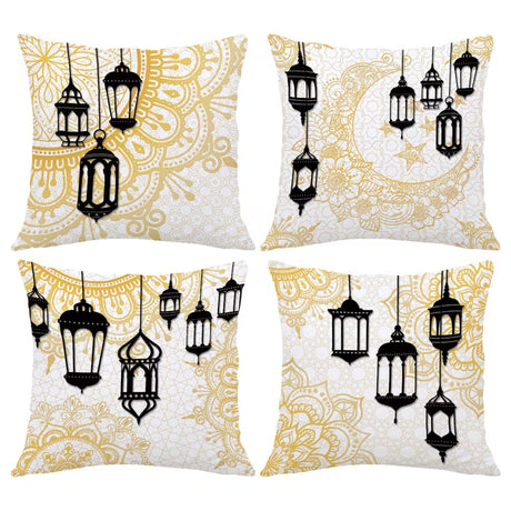 BYFT Modern White & Golden Islamic Print Pillowcases Suitable for Ramadan 45 x 45 Cm - Single-Sided Lantern & Minaret Patterns (No Insert) Set of 04 Pcs