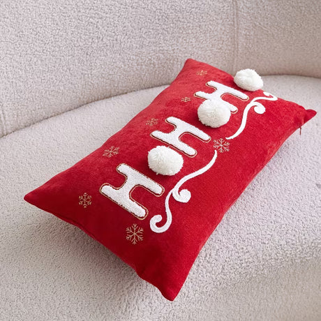 BYFT "HOHOHO" Christmas Pillowcase 50 x 30 cm, Decorative Pillow Cover with 3 Hand-Sewn Pom-Poms, Christmas Warm Home Sofa Decor Throw Pillow Cover, Ideal Holiday Gift, Insert Not Included