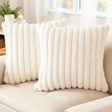 BYFT White Faux Rabbit Fur Bohemian Striped & Solid Square Cushion Covers 45.72 x 45.72 cm (white 2Pcs)