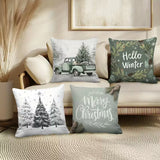 BYFT Christmas Themed Pillow Covers | 18*18 Inches  Set of 04pcs with Vintage Truck, "Merry Christmas" and "Hello Winter" Designs, Snowy Tree Patterns, Polyester, Machine Washable