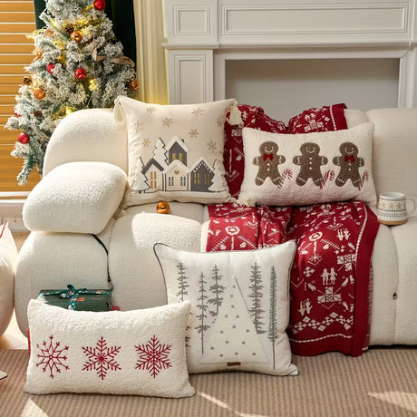 BYFT Merry Christmas Throw Pillow Cover set of 01- Snowhouse & Tree Design with Golden Stars, Red & White Holiday Decor for Sofa, Indoor Party Decoration, Christmas Pillow Covers