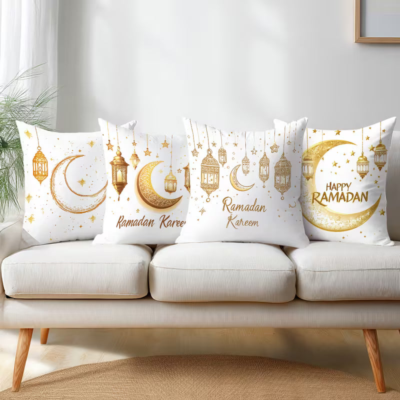 BYFT Golden Ramadan Lantern and Moon Pattern Pillow Covers 45 x 45 Cm, Polyester, Set of 04 Pcs