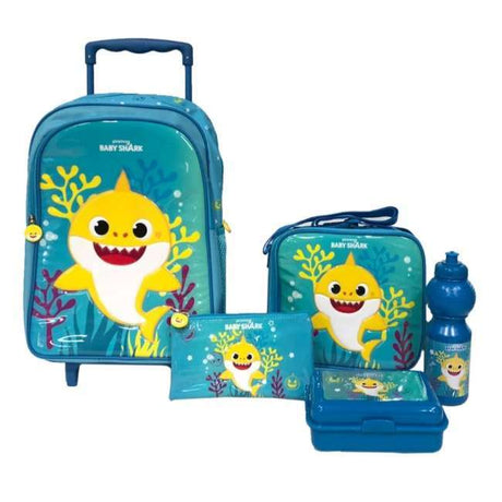 Baby Shark Kids 5 in 1 Trolley School Bag Set with Backpack, Lunch Box & Pencil Pouch
