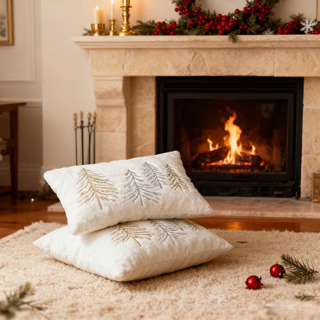 BYFT Festive Christmas Tree Pillow Cover - Luxury Golden and Silvery Embroidered Decorative Pillowcase for Couch, Living Room Indoor Xmas Decor, Christmas Decor, Holiday Decoration, Elegant Holiday Style, Traditional Design, Durable Fabric, Premium