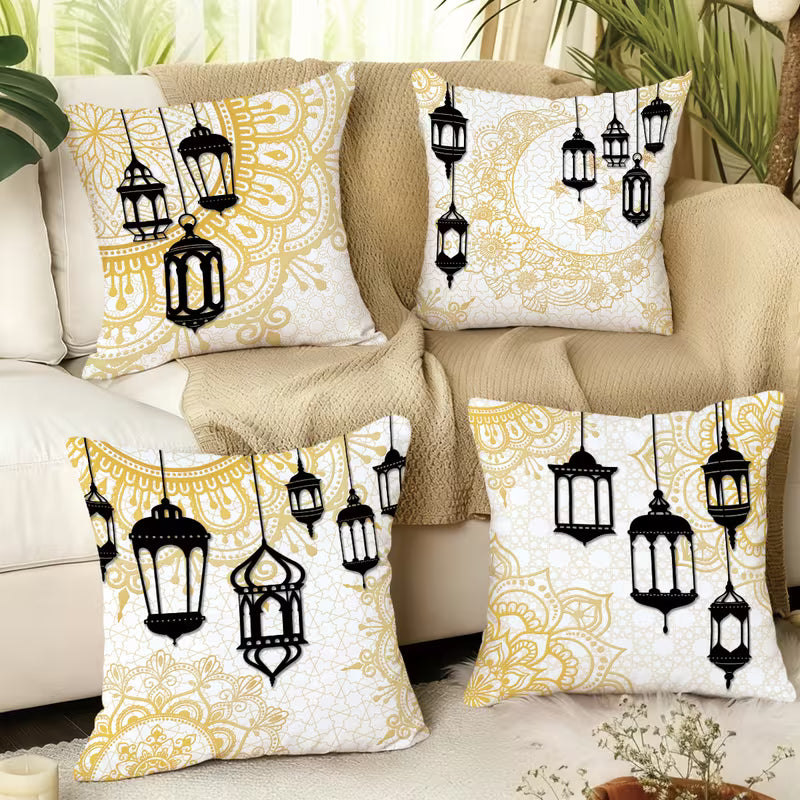 BYFT Modern White & Golden Islamic Print Pillowcases Suitable for Ramadan 45 x 45 Cm - Single-Sided Lantern & Minaret Patterns (No Insert) Set of 04 Pcs