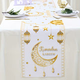 BYFT Patimate Ramadan Kareem & Eid Mubarak Table Runner - White & Golden Islamic Crescent Moon and Star Decorations Set of 01 Pcs