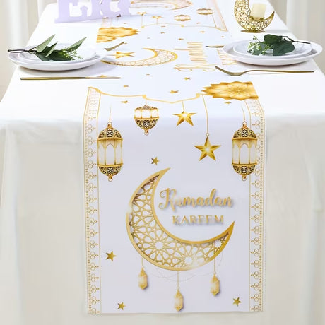 BYFT Patimate Ramadan Kareem & Eid Mubarak Table Runner - White & Golden Islamic Crescent Moon and Star Decorations Set of 01 Pcs