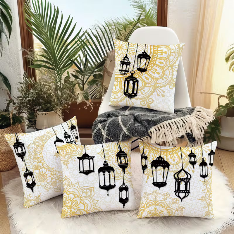 BYFT Modern White & Golden Islamic Print Pillowcases Suitable for Ramadan 45 x 45 Cm - Single-Sided Lantern & Minaret Patterns (No Insert) Set of 04 Pcs