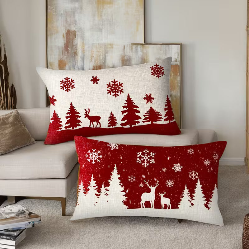 BYFT Festive Christmas Pillow Covers 2pcs - Red Snowflake, Reindeer & Snowman Design, Winter Farmhouse Home Decor, Zippered, Machine Washable, Polyester, Ideal for Holiday Living Room or Bedroom, Christmas Decorations