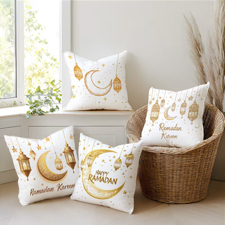 BYFT Golden Ramadan Lantern and Moon Pattern Pillow Covers 45 x 45 Cm, Polyester, Set of 04 Pcs