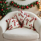 BYFT Handmade Cushion Cover, Christmas Candy Cane Design, Zipper Closure, Modern Style,, Canvas Decorative Cushion Cover, Suitable for Living Room, Bedroom, Study, Car - Filling Not Included, Sofa Cushion 45x45cm, Bedroom Accent