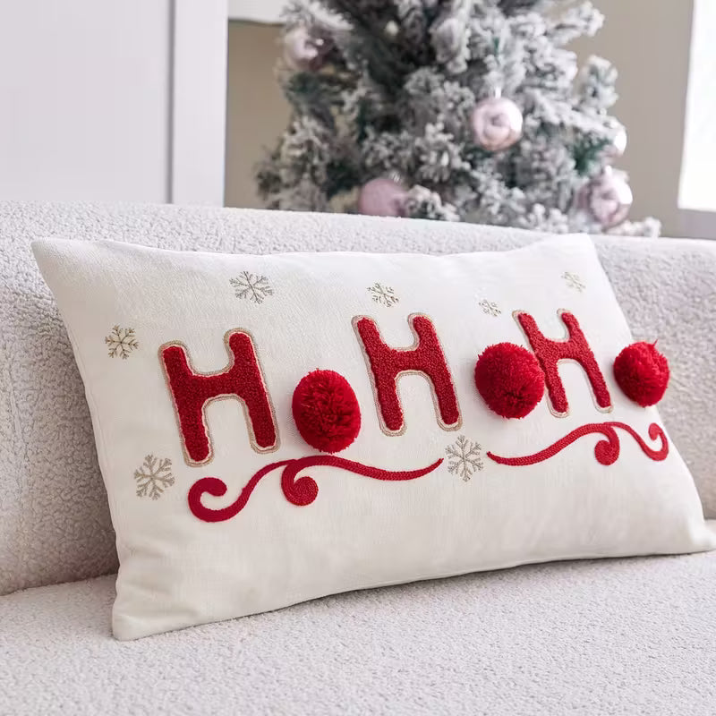 BYFT "HOHOHO" Christmas Pillowcase 50 x 30 cm, Decorative Pillow Cover with 3 Hand-Sewn Pom-Poms, Christmas Warm Home Sofa Decor Throw Pillow Cover, Ideal Holiday Gift, Insert Not Included