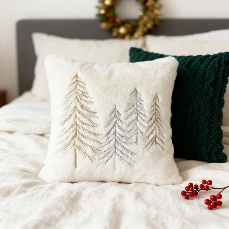 BYFT Festive Christmas Tree Pillow Cover - Luxury Golden and Silvery Embroidered Decorative Pillowcase for Couch, Living Room Indoor Xmas Decor, Christmas Decor, Holiday Decoration, Elegant Holiday Style, Traditional Design, Durable Fabric, Premium