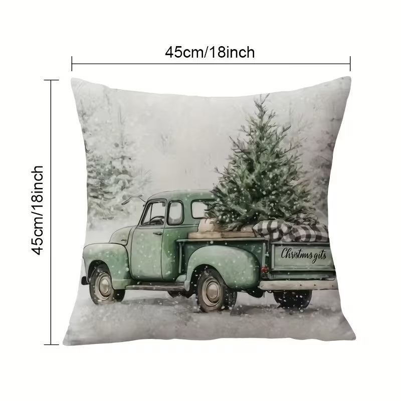 BYFT Christmas Themed Pillow Covers | 18*18 Inches  Set of 04pcs with Vintage Truck, "Merry Christmas" and "Hello Winter" Designs, Snowy Tree Patterns, Polyester, Machine Washable