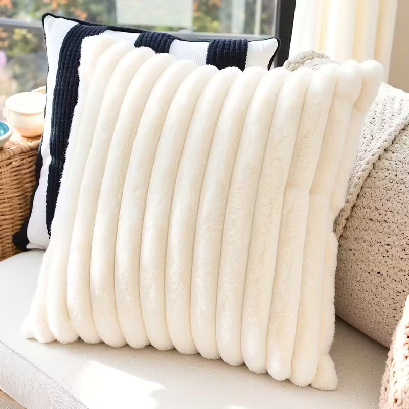 BYFT White Faux Rabbit Fur Bohemian Striped & Solid Square Cushion Covers 45.72 x 45.72 cm (white 2Pcs)