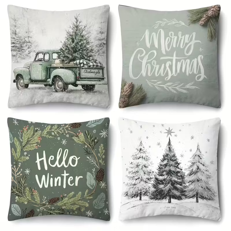 BYFT Christmas Themed Pillow Covers | 18*18 Inches  Set of 04pcs with Vintage Truck, "Merry Christmas" and "Hello Winter" Designs, Snowy Tree Patterns, Polyester, Machine Washable