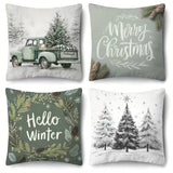 BYFT Christmas Themed Pillow Covers | 18*18 Inches  Set of 04pcs with Vintage Truck, "Merry Christmas" and "Hello Winter" Designs, Snowy Tree Patterns, Polyester, Machine Washable