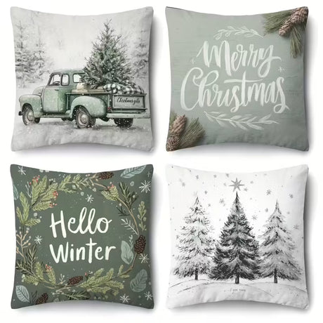 BYFT Christmas Themed Pillow Covers | 18*18 Inches  Set of 04pcs with Vintage Truck, "Merry Christmas" and "Hello Winter" Designs, Snowy Tree Patterns, Polyester, Machine Washable