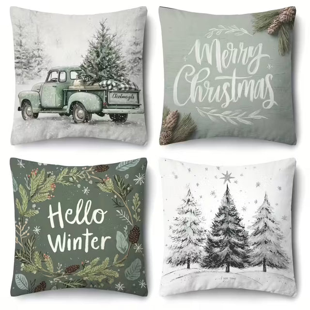 BYFT Christmas Themed Pillow Covers | 18*18 Inches  Set of 04pcs with Vintage Truck, "Merry Christmas" and "Hello Winter" Designs, Snowy Tree Patterns, Polyester, Machine Washable