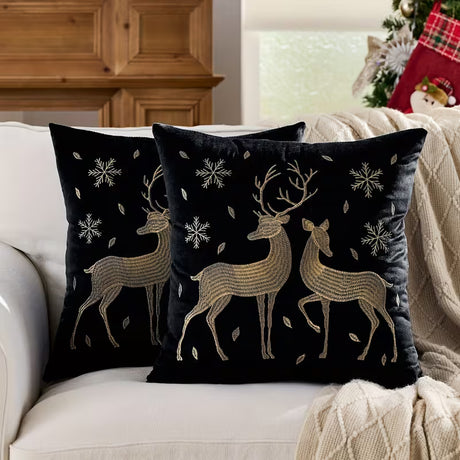 BYFT Christmas Soft Velvet Throw Pillow Covers, Set of 2pcs Deer Snowflake Embroidery Decorative Throw Pillow Case Luxurious Sofa Cushion Cover for Home Christmas Decoration 18"x18"(45x45cm)
